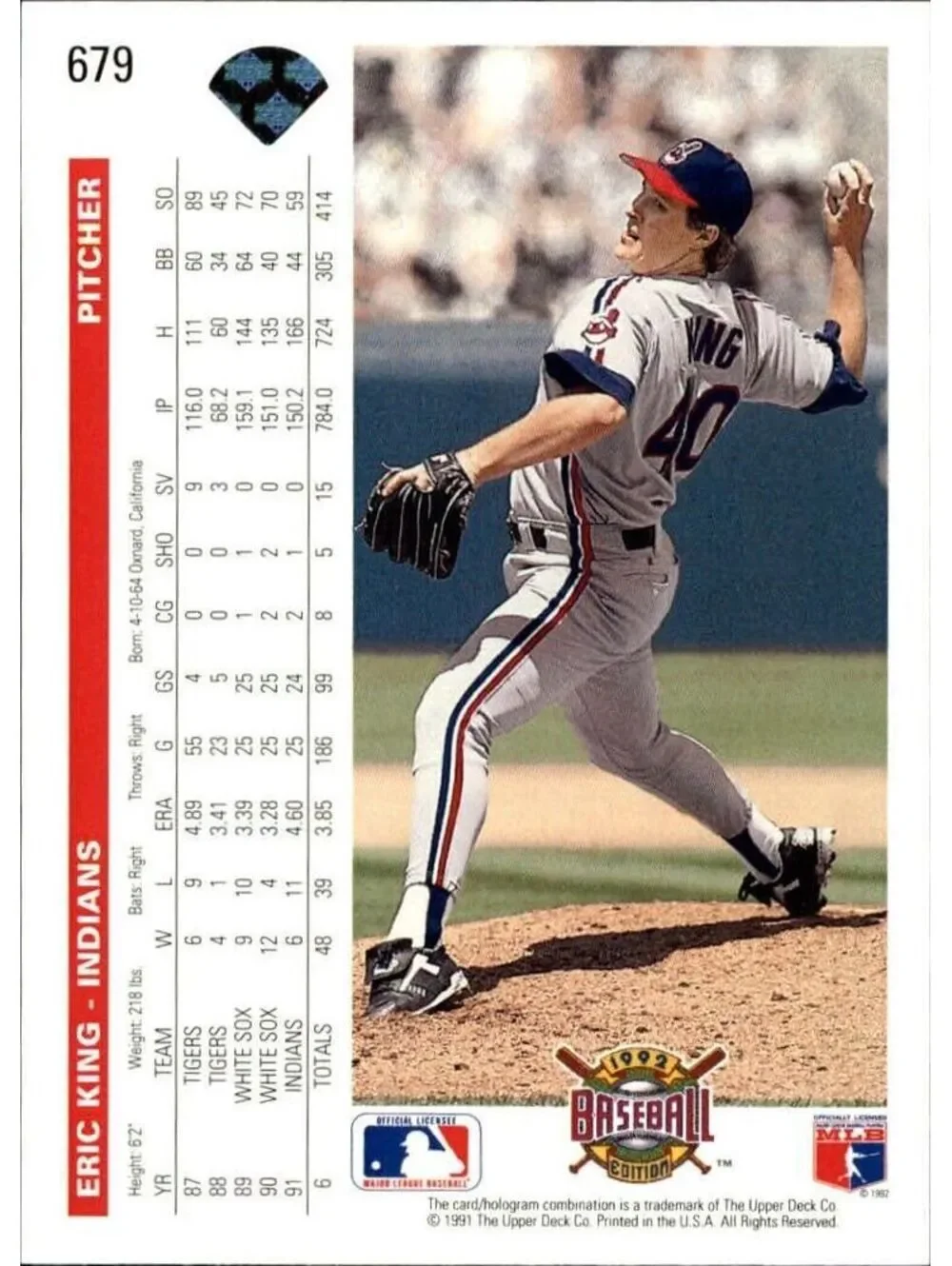 Eric King 1992 Upper Deck MLB #679 Baseball Card Cleveland Indians